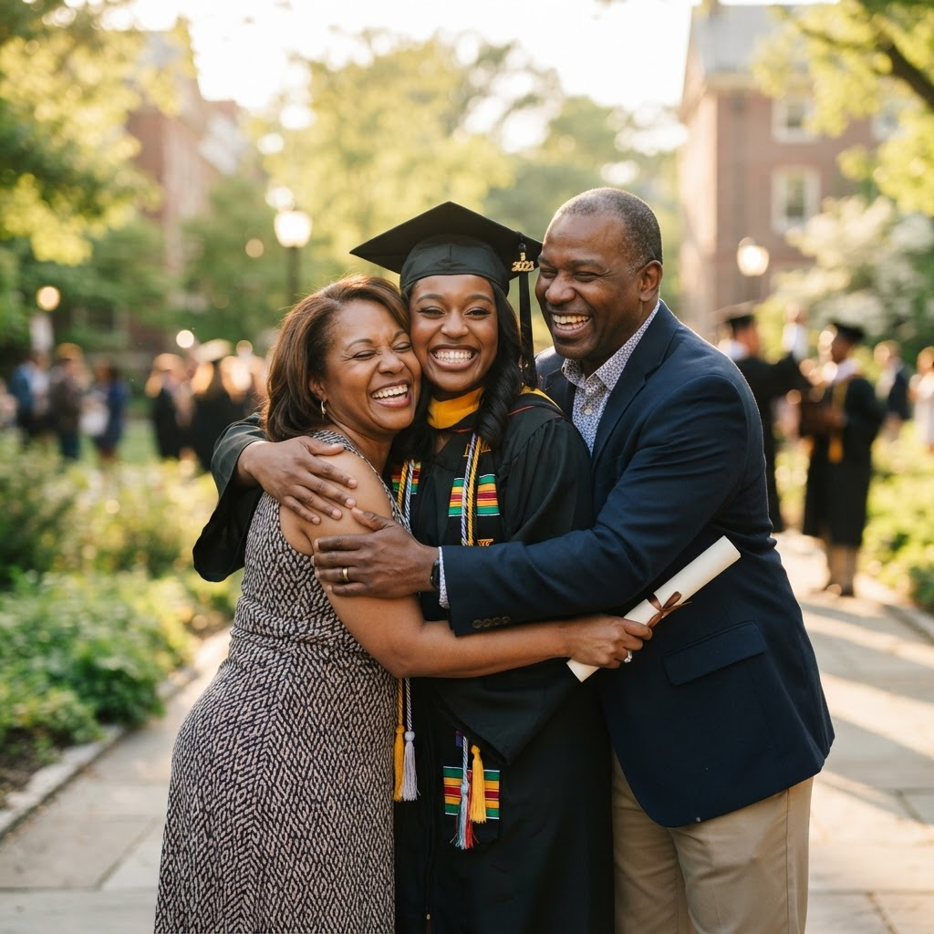 Parents hugging their child at graduation, the future the plan builds toward