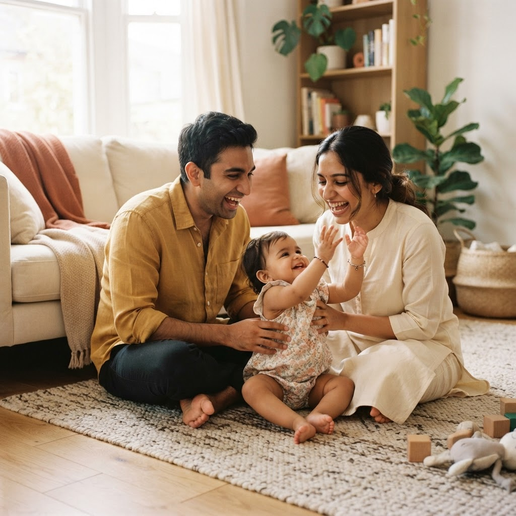 A young family laughing together with their baby, representing the future the Million Dollar Baby Plan is built for